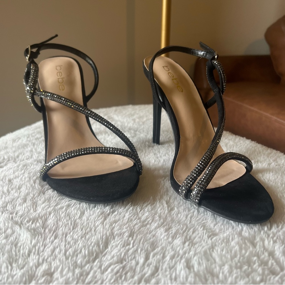 Bebe Black Rhinestone Strappy Heels Nataliya